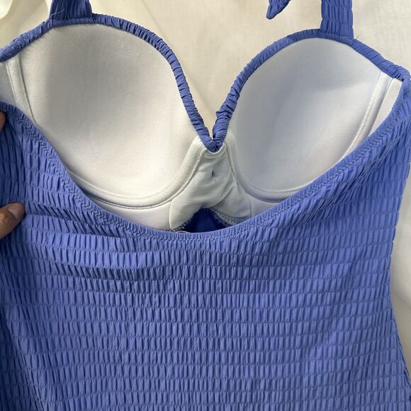 Jessica Simpson Shadow Smocked Push-up Swim Halter Tankini Top Blue Size Large - Picture 7 of 11